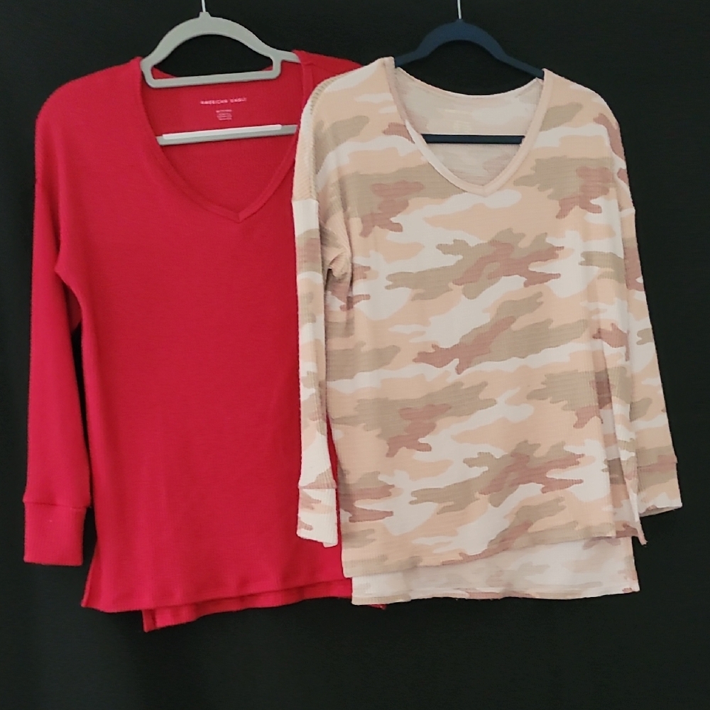 American Eagle Outfitters Red and Camouflage Long Sleeve Tees